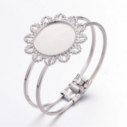 Armreif Blume mit Fassungen für Cabochon, Eisenlegierung, Platin Farbe, Fach: 25 mm; 63x12 mm