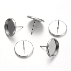 1 Paar Edelstahl Ohrstecker-Fassungen, Fach: 12 mm, gesamt 14 mm, Stift: 0,7 mm