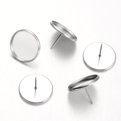 1 Paar Edelstahl Ohrstecker-Fassungen, Fach: 14 mm, gesamt 16 mm, Stift: 0,7 mm