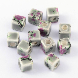 Porzellan Perlen mit Blumen bedruckt, Würfel, 10x10x10 mm, Bohrung: 4 mm